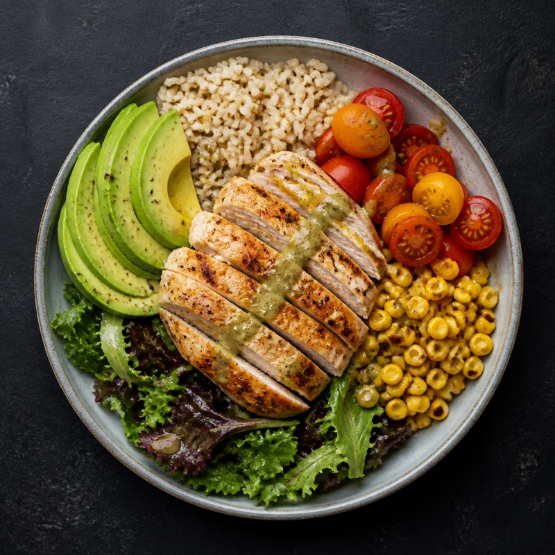 Chicken grain bowl with avocado, rice, tomato, corn, and greens